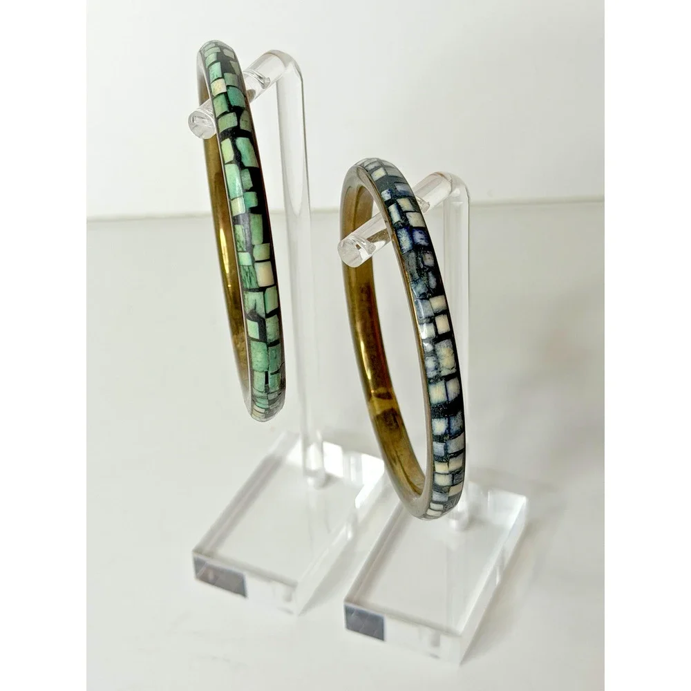 Mosaic Inlay Stone Tile Bangle Bracelet Pair Brass Tone Green Cream Southwestern